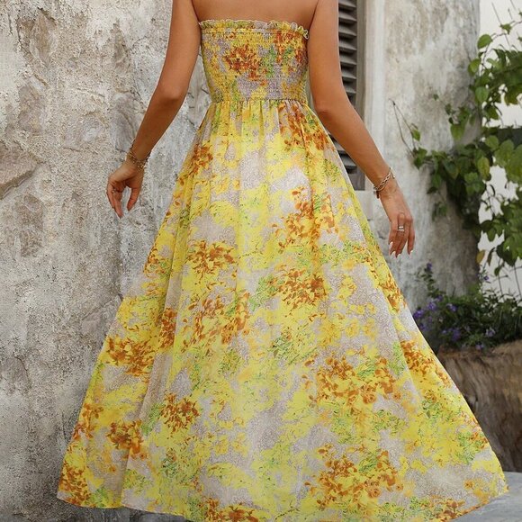 Yellow Boho Women's Floral Print Draped Front Split Hem Strapless Top - Picture 2 of 6